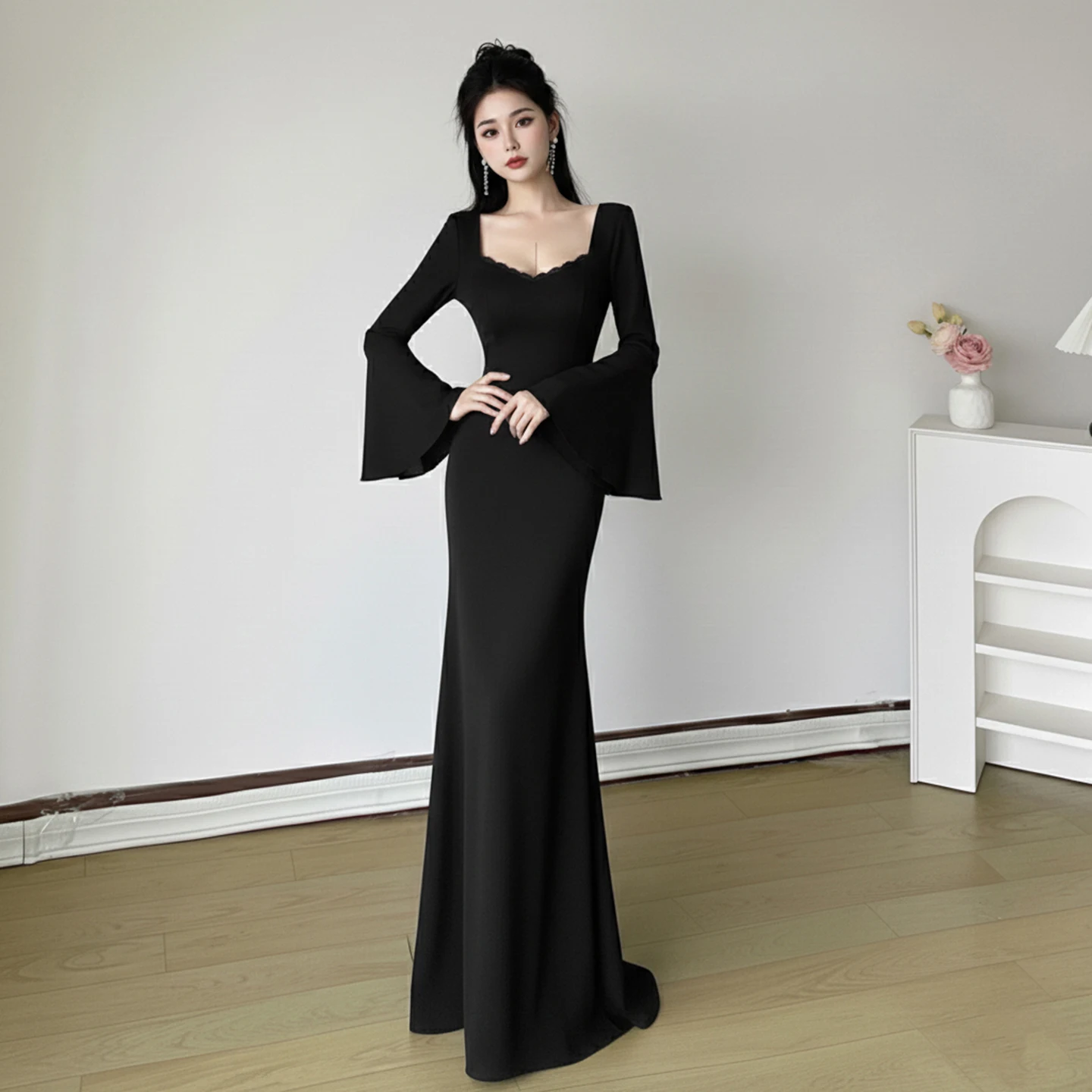

elegant Fashion Solid Lace Trim Dress Sexy Slim Square Collar Long Flare Sleeve Maxi Dresses For Women 2025 Autumn Spring Ladies