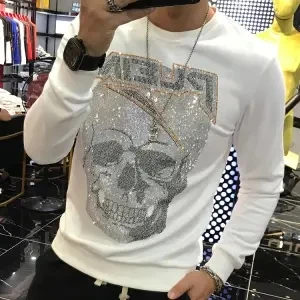 

Spring and autumn men's new embroidered sequin vests fashion handsome loose large size long sleeve round neck T-shirt jacket