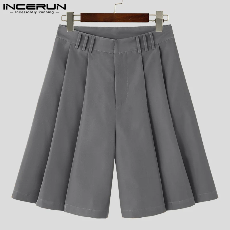 INCERUN 2024 Korean Style New Men\'s Shorts Loose Pleated Design Wide Leg Pants Casual Streetwear Solid Comfortable Shorts S-5XL