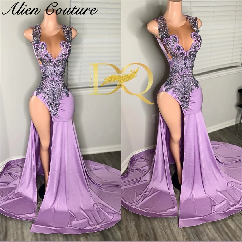 

Exquisite Lavender Purple Long Mermaid Prom Dresses Glitter Beading Crystals Birthday Party Gown Diamonds Vestidos Customized