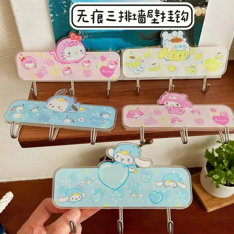 Sanrio Hello Kitty Traceless Three Rows Hook Cartoon Anime Cute No Punching Required Sticky Hooks Kawai Home Goods Holiday Gifts