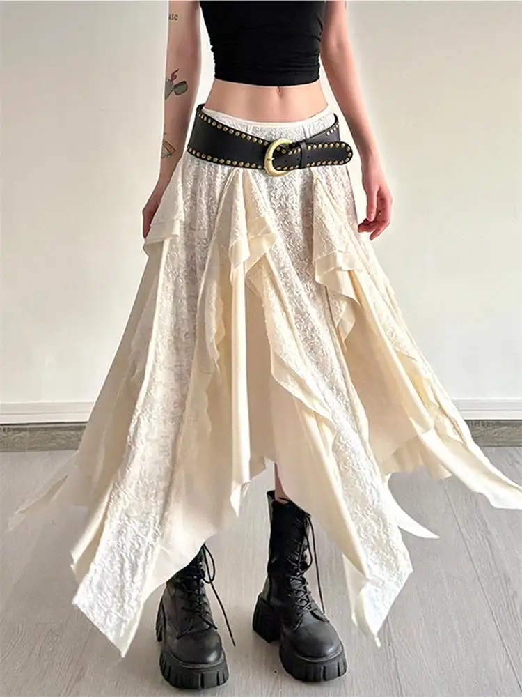 

Casual Low Waist Lace Trim Pure Color f Skirt Beach Vaion Sle Asymmetrical Hem A-Line Skirt for Young Women