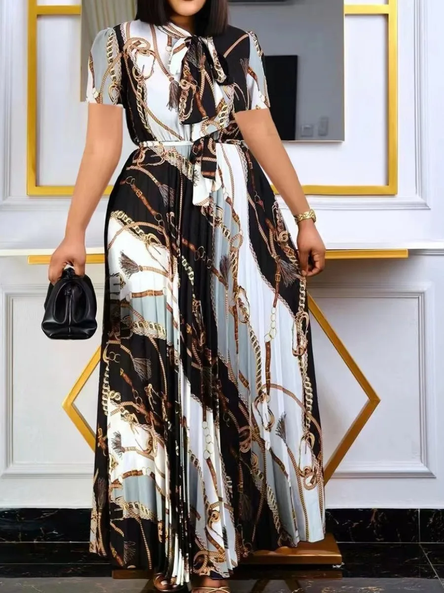 LW Elegant Tie Neck Chain Print Maxi Dresses Bandage Design Pleated A Line Dress Belted Short Sleeve Flowy Patchwork Vestidos