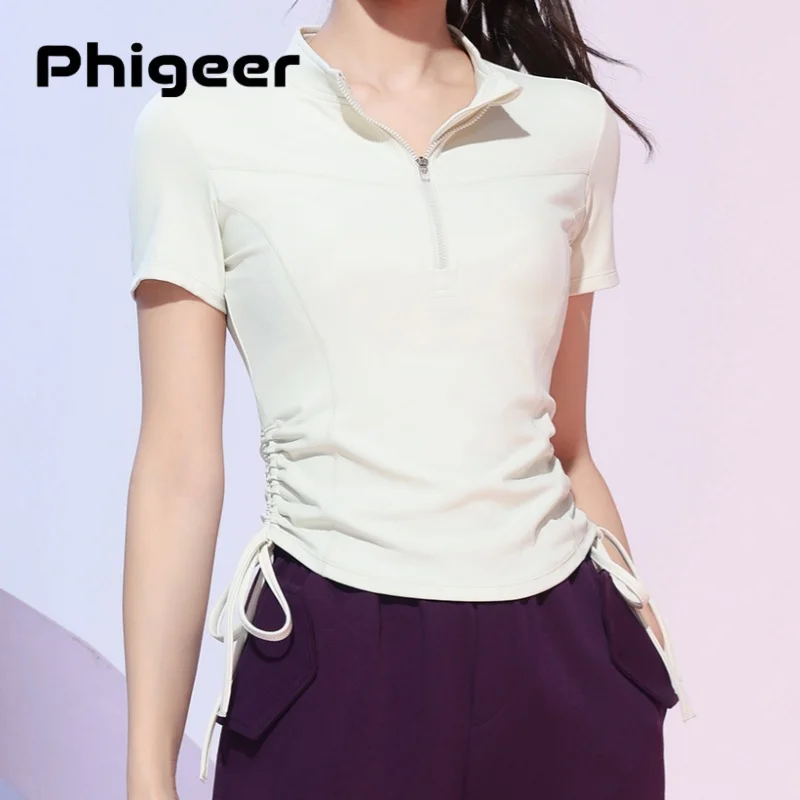 

PHIGEER женская рубашка для йоги Slim Fit с половиной молнии легкий спортивный топ на шнурке подол спортивная одежда летняя одежда для бега в тренажерном зале одежда для йоги