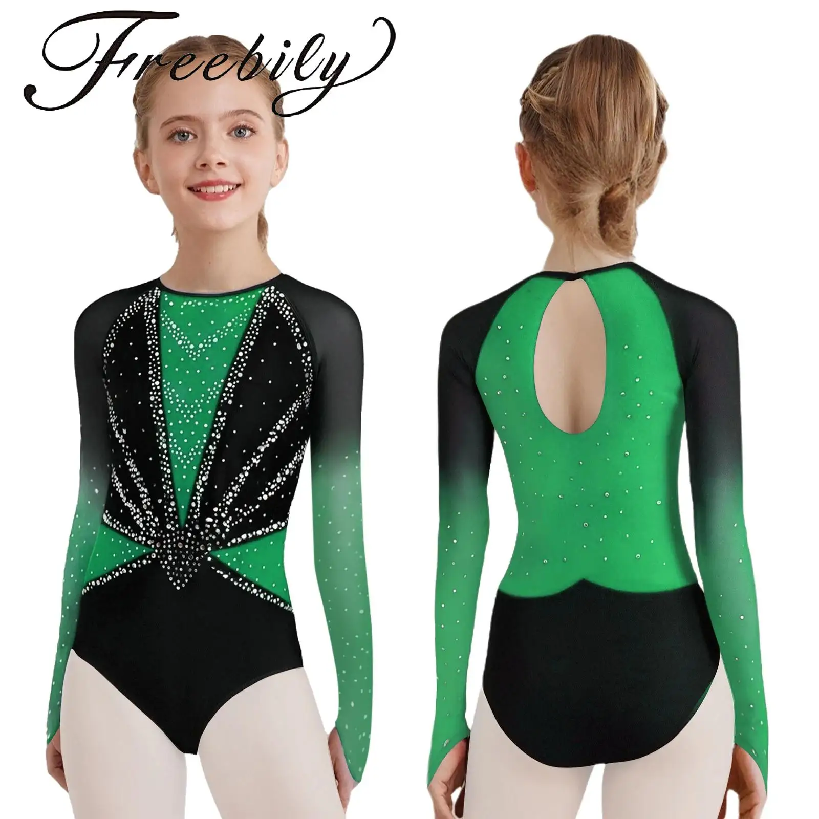 

Kids Girls Dance Leotard Round Neck Sheer Mesh Long Sleeves Keyhole Back Shiny Rhinestones Color Block Gymnastics Leotard