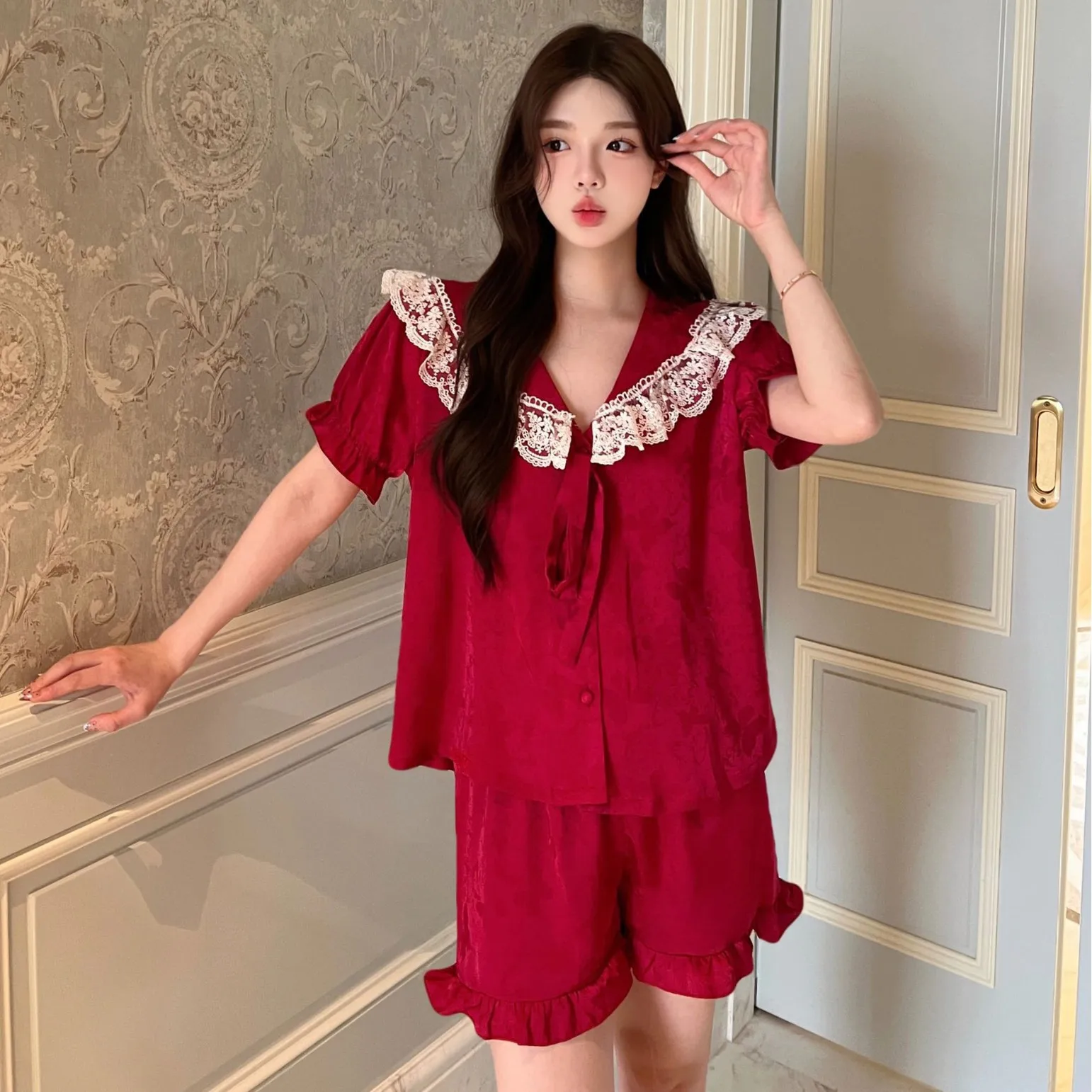 

Sweet Young Girl 2PCS Pajamas Set Sleepwear Cute Doll Collar Short Sleeve Shorts Pijamas Suit Summer Women Nightwear Homewear