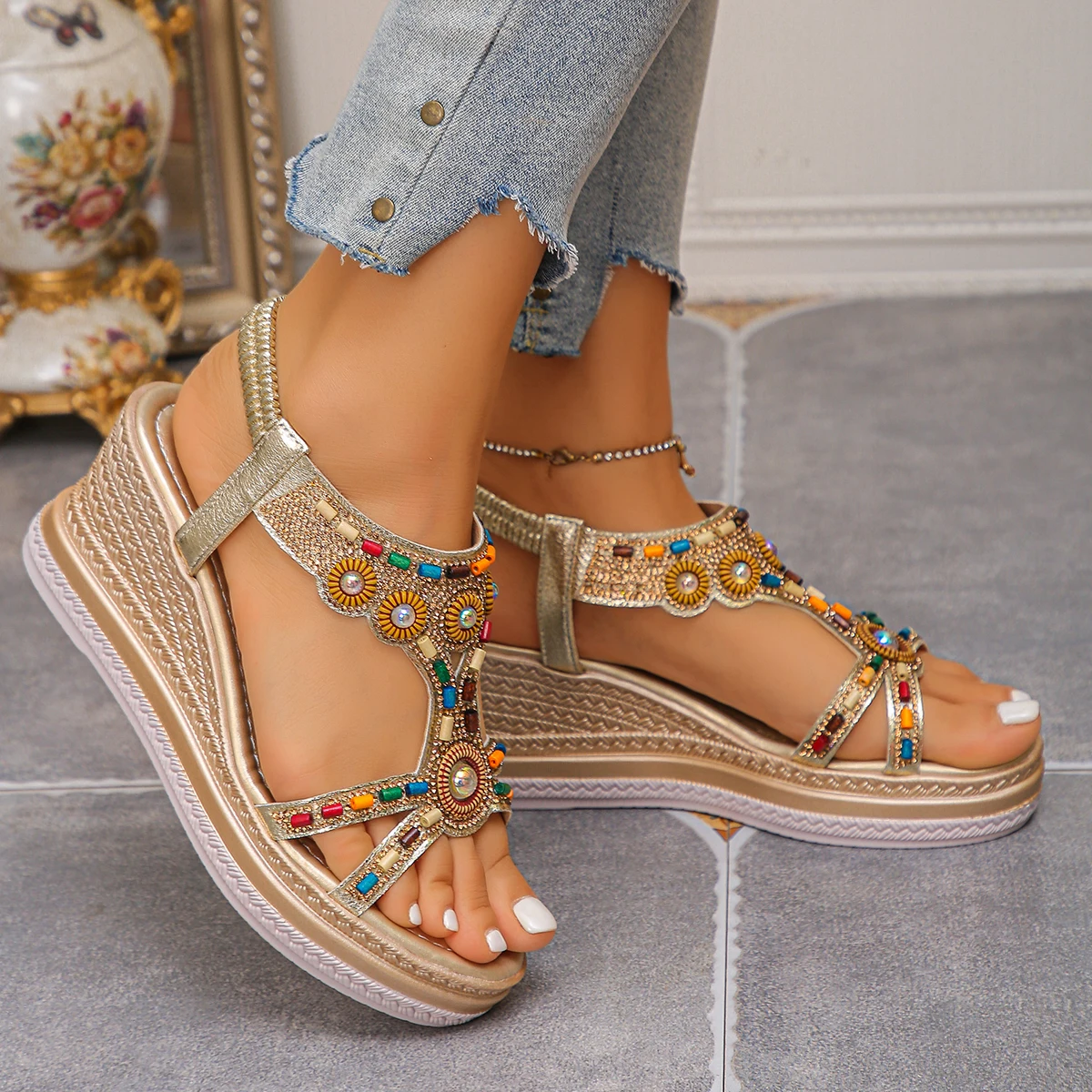Women's Colorful Beaded Bohemian Wedge Sandals Thick Sole Non Slip Summer Beach Shoes Woman Retro Flower Chunky Platform Sandals view 6