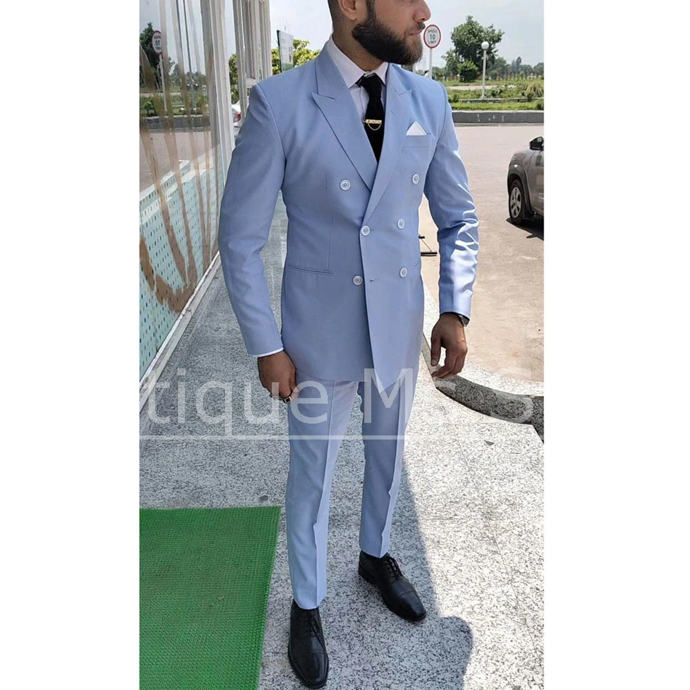 

Мужской голубой двубортный костюм, комплект из пиджака и брюк на заказ, деловой костюм для офиса, свадьбы, вечеринки, комплект из 2 предметов