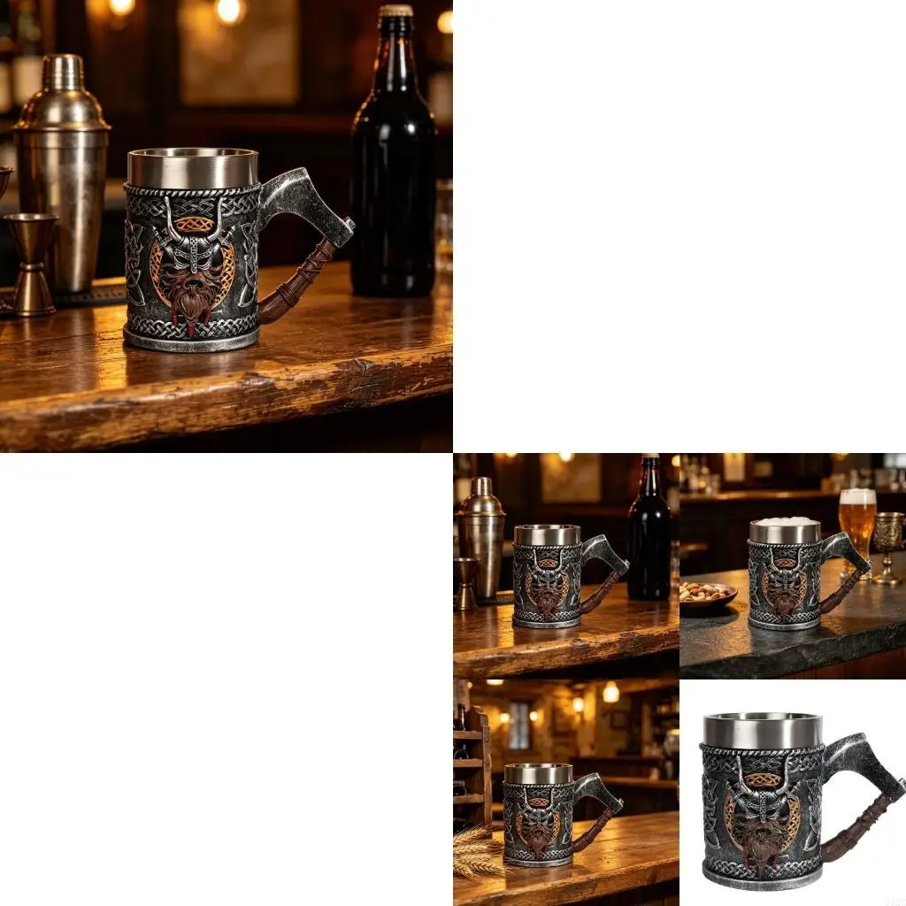 G92C Elegant Resin Mug With Intricate Nordics Themd Detailing Stainless Steel Inner Layer Cup With Ergonomic Grip