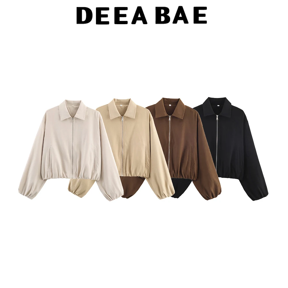 

DEEABAE Simple temperament lapel pleated hem short style off shoulder long sleeved puffy jacket zipper jacket