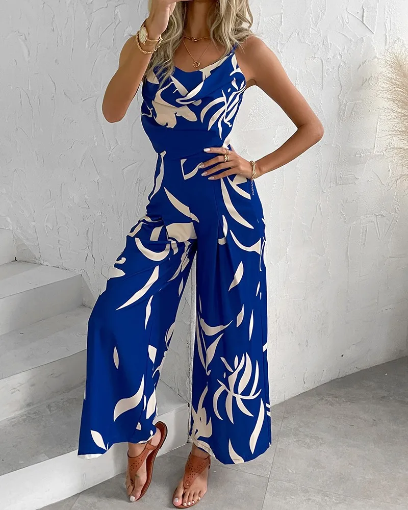 Elegant Sleeveless Sling Beautiful Back Wide Leg Women's Jumpsuit Summer Fashion Print Temperament Commuting Elegant Overalls 