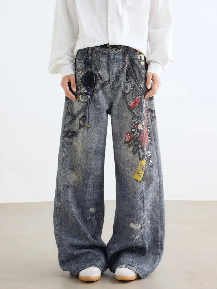 

2024 Pantalones Y2K, уличная одежда, винтажные мешковатые джинсы с 3D принтом, брюки для мужчин, одежда, прямые джинсовые брюки с широкими штанинами, Moda Hombre