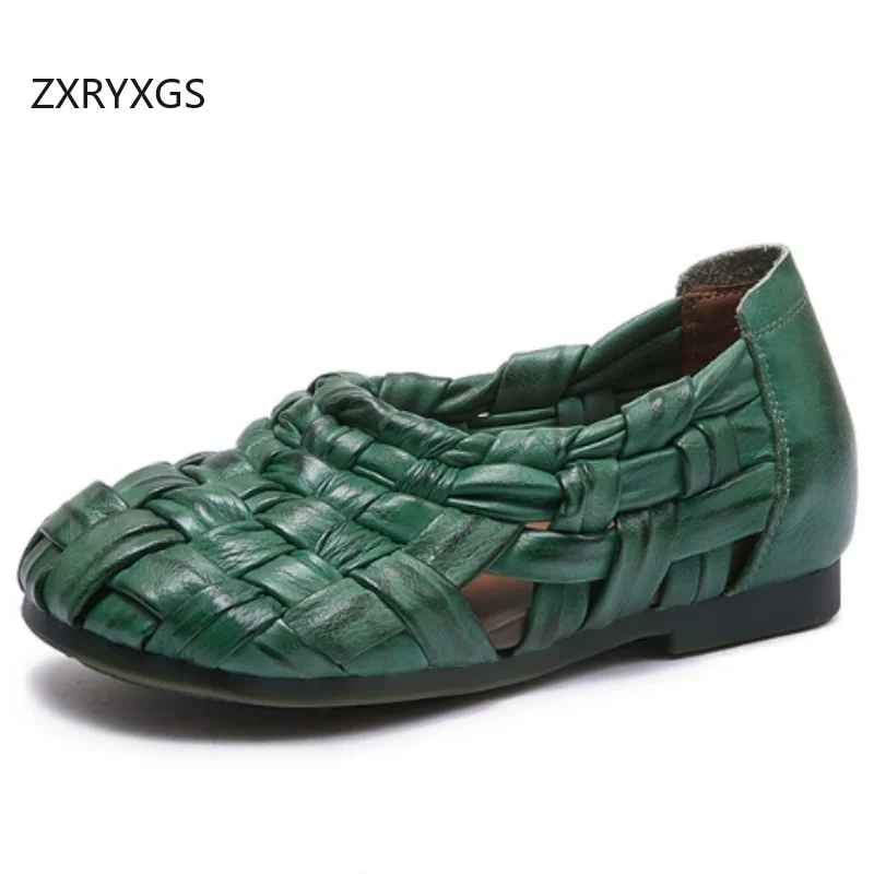 

ZXRYXGS Top Cowhide Woven Hollow Breathable Sandals 2026 Summer Full Real Leather Soft Sole Flat Sandals Women Banquet Sandals