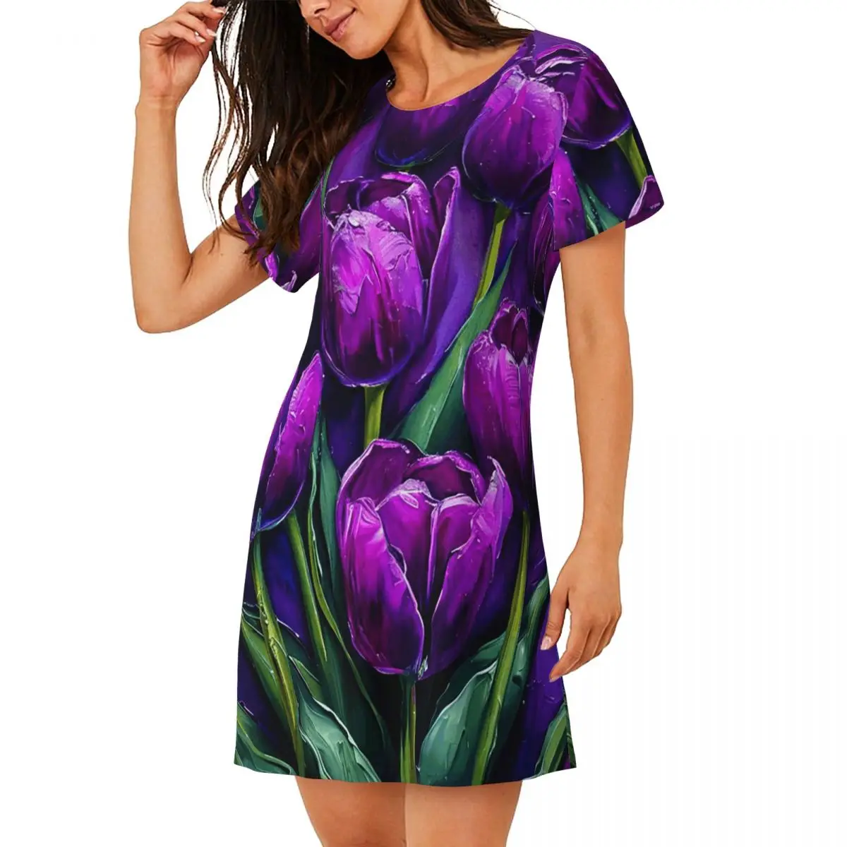 

Custom Purple Tulip Oil Painting Print Short Sleeves Nightdress For Sleepshirts Women Short Sleeve Nightgowns Soft Pajama Dress