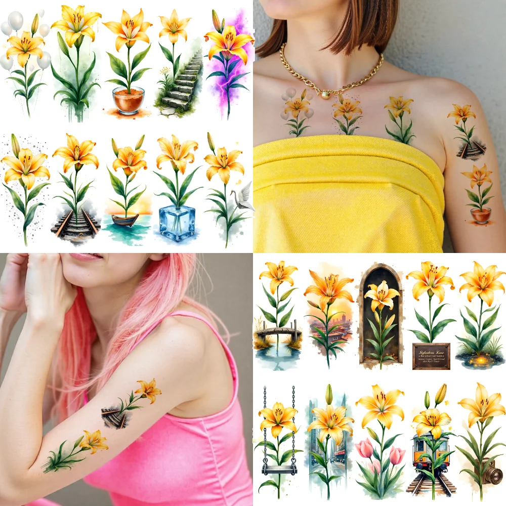 

9pcs Temporary Tattoo Floral Tattoos Watercolor Lily Designs Waterproof Long-lasting Body Stickers For Ladies Arms Chest