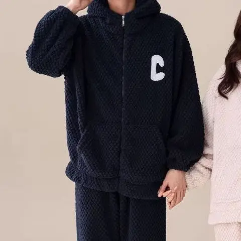 Autumn Winter High-grade Hooded Pajamas Velvet and Thick Zipper Casual Wear Home Suit Set Cosy Thermal Pajamas Both Men Women