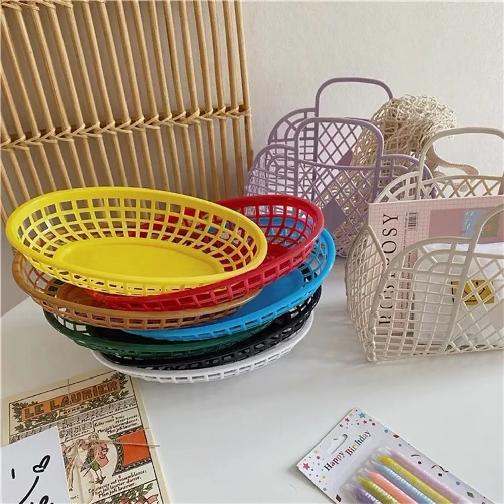 

E2 7PCS/Lot Fries Burgers Plastic Food Baskets Snack Colorful Oval Shape Basket Serving Reusable Bread Plate Restaurant Supplies