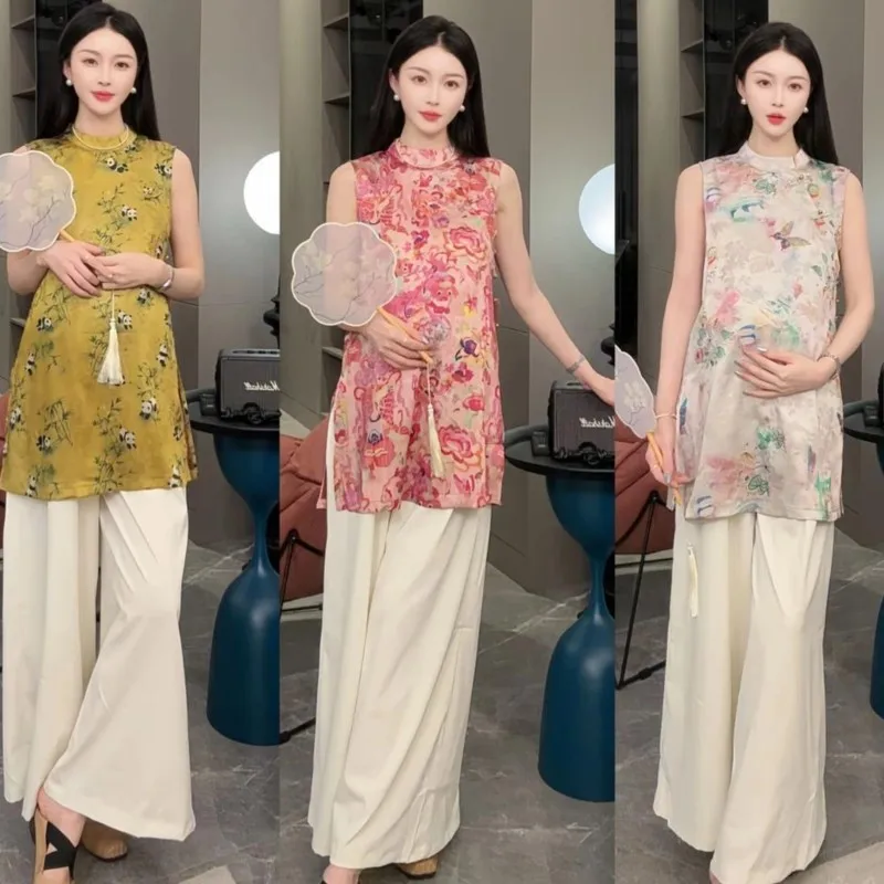 

Одежда для беременных, лето 2023, новый дышащий топ без рукавов для беременных в китайском стиле, брюки, комплект из 2 предметов LI201