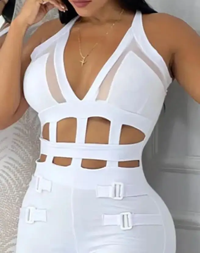 Women\'s Hollow Out Halter Buckled Jumpsuit Plain Contrast Mesh Sleeveless Design Night Out Fashion Summer Skinny Sexy Jumpsuits