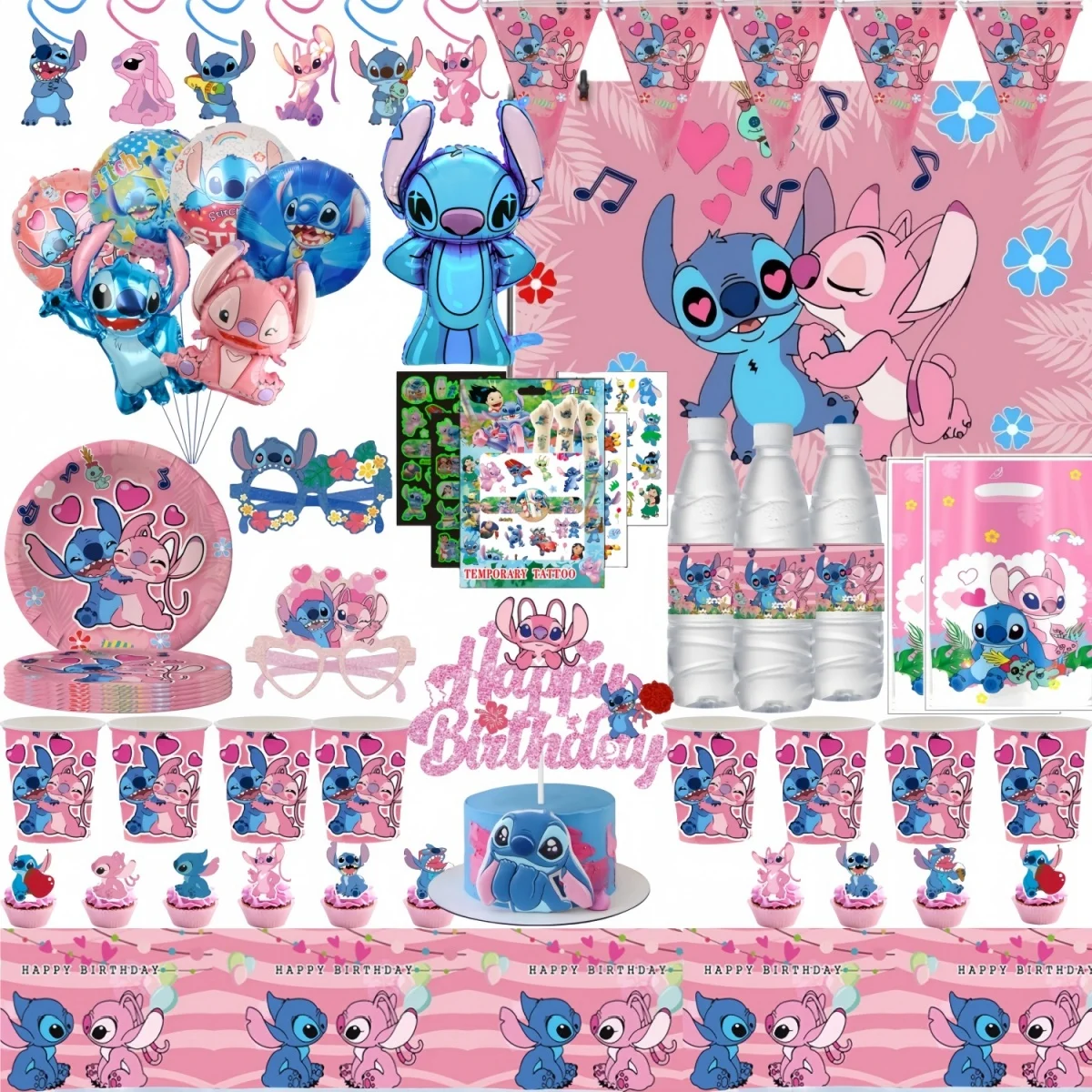 

Lilo Stitch Birthday Party Decoration Pink Stitch Angel Cosplay Mask Stickers Tablecloth Cake Decor Baby Shower Party Supplies