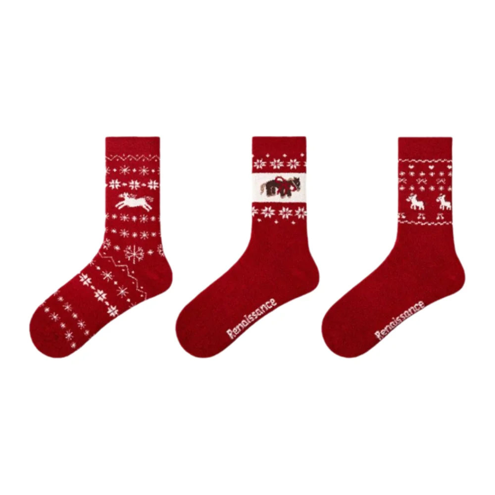 

3-парные женские эластичные полосатые носки с красной лошадью, хлопковые вязаные носки для зимних ботинок, зимние утолщенные средние носки-трубы, подарок на Новый год