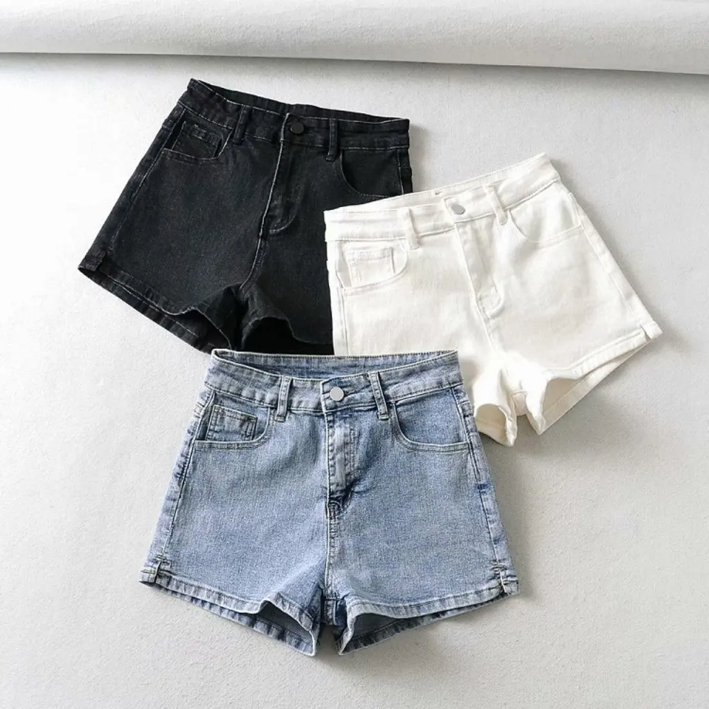 YPFF High Waist Slimming Denim Shorts for Women European American Style Summer Hot Pants with Side Slit Micro-Elastic Hip