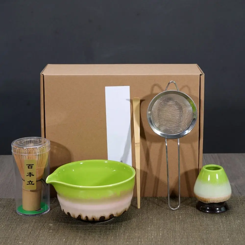 

5pcs Bamboo Ceramic Japanese Matcha Tea Set Food Grade with Spout Matcha Whisk Set Reusable Safe Green Tea Whisk Stirring