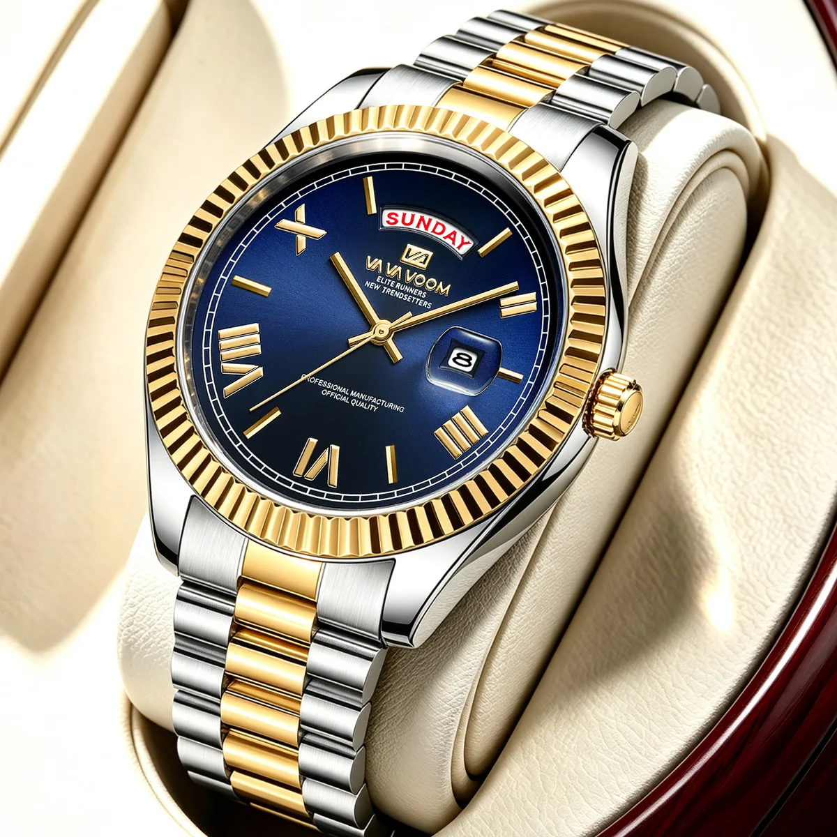 Herrenuhr 41mm Gehäuse Luxuriöser Stil Goldener Ziffernring Massives Edelstahlarmband Quarz-Wochenanzeige Taucher-Serie Business-Herrenuhr