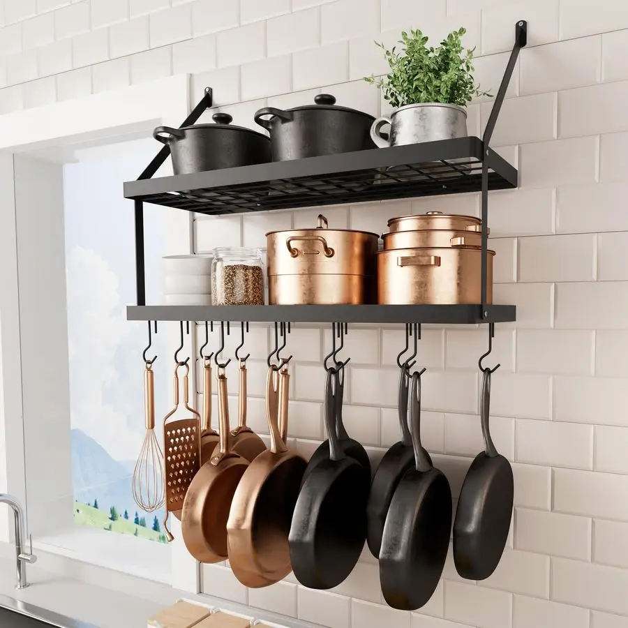 

30Inch Pot Rack Wall Mounted, Pots and Pans Hanging 2 Tier for Kitchen Hanging Pan Rack Organizer with 12 Hooks Heavy Duty Matte