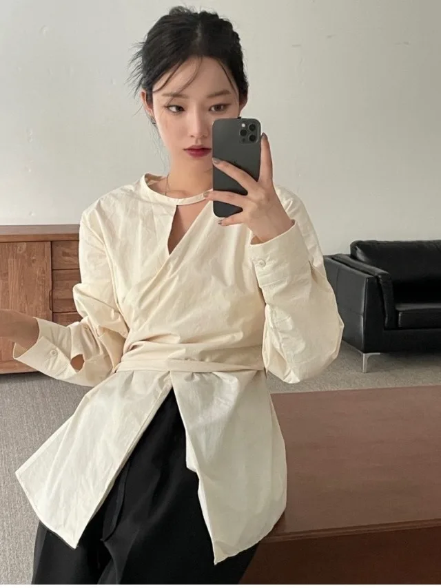 

Spring Season Women's Chic Fashion Design Sense Shirt Korean Style Loose Fit Long Sleeve round Neck Mid-Length Coat