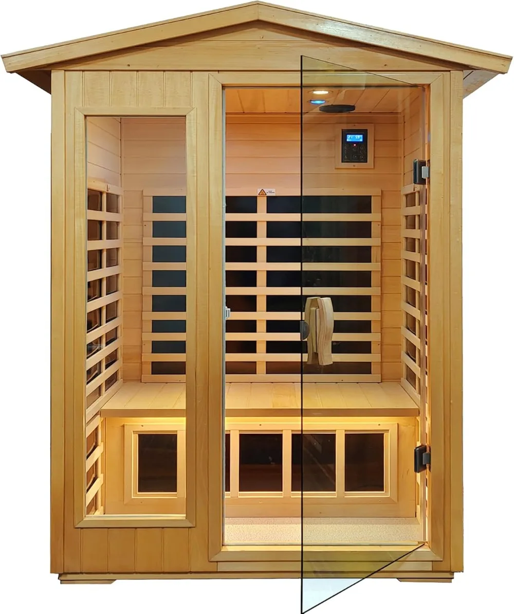 Outdoor Sauna, Far Infrared Sauna for 2 Person, Basswood Wooden Sauna for Home with 8 Low EMF Home Sauna, 2 LED Reading Lights