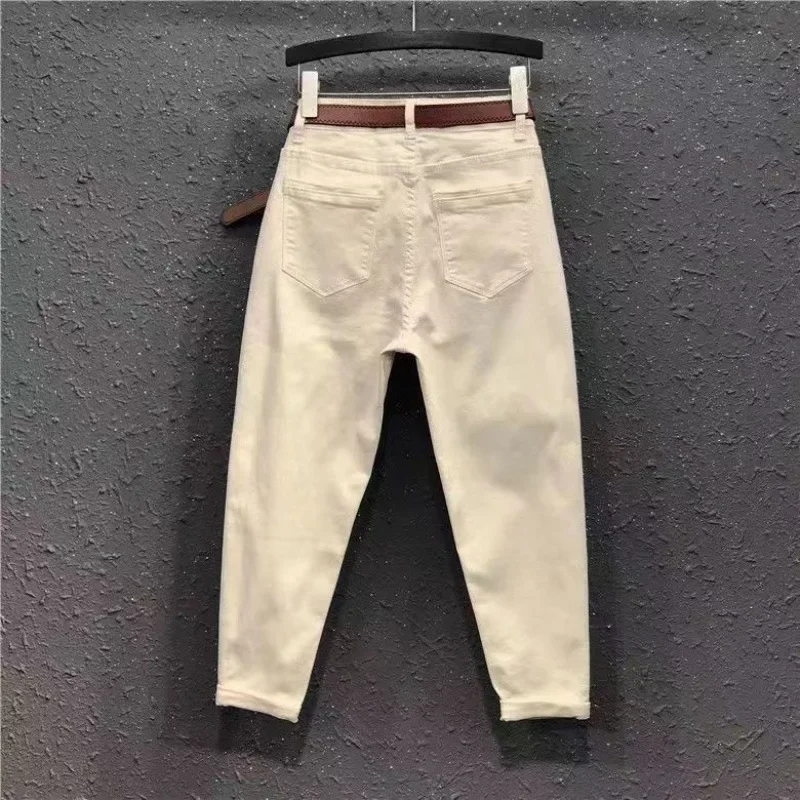 SimpleCasualWomen's جينز 2024 لربيع وصيف نمط جديد سلع أوروبية بيضاء عالية الخصر فضفاضة تناسب التخسيس أبي السراويل #4