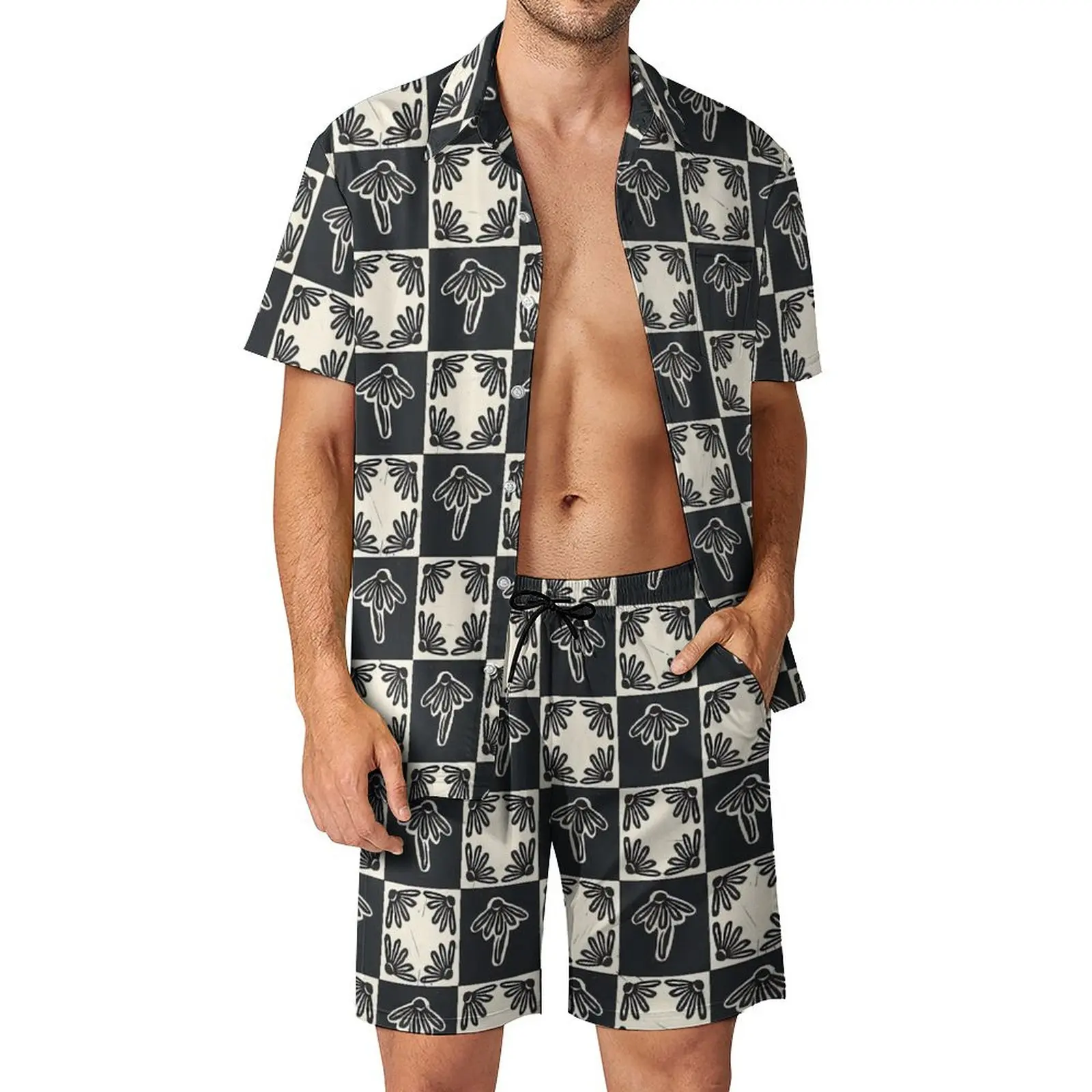 Summer Vintage Hearts Check Print Men Sets Black And White Casual Shorts Vacation Shirt Set Short Sleeve Design Oversized Suits