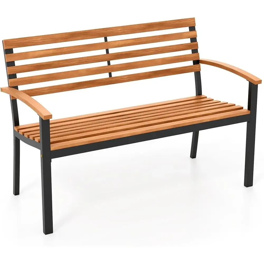 2-Person Acacia Wood Outdoor Bench with Metal Frame, Slatted Seat, Curved Armrests, 800 lbs Capacity