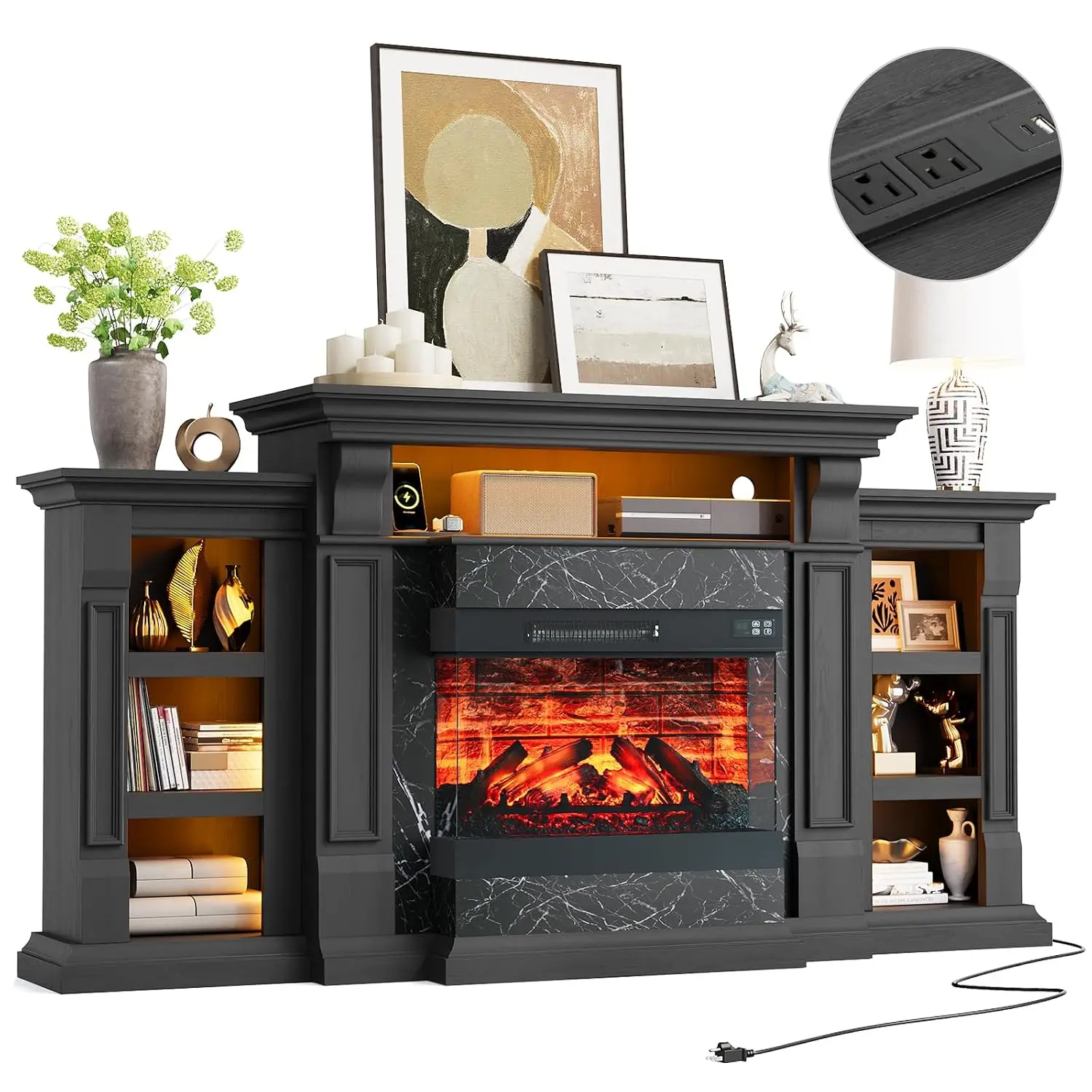 72” Electric Fireplace TV Stand w/ 3-Side Glass Heater, Marble Finish | LED & Power Outlet, Fireplace Mantel for, Customized