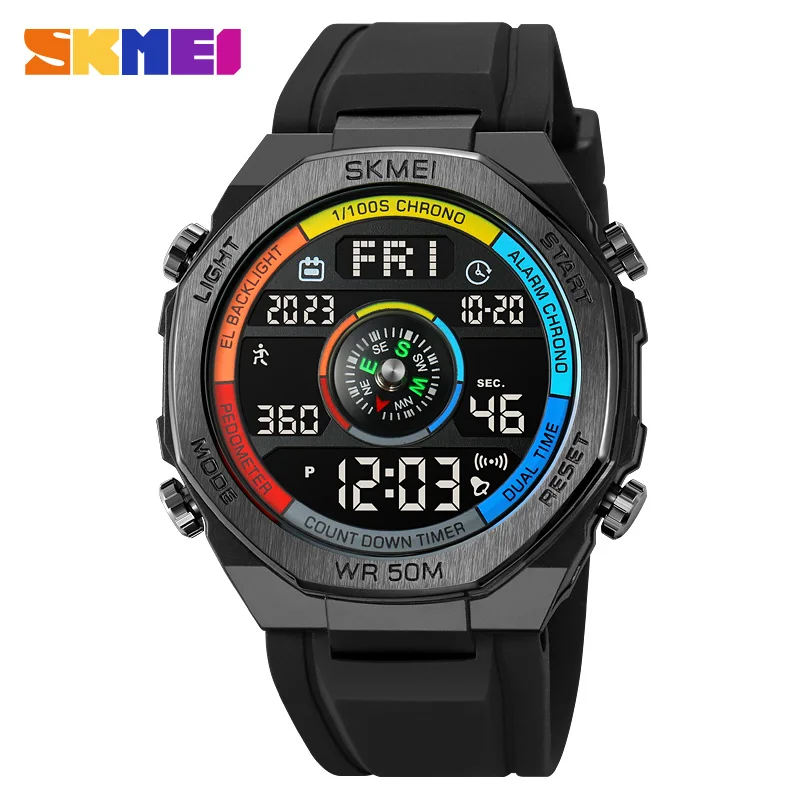 SKMEI Men Digital Watch Fashion Sport Electronic Watch For Men Man Compass Wristwatch Countdown Watch Silicone Band Watch