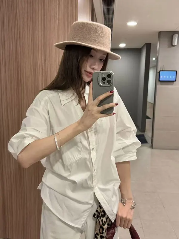 

Slimming White irt Women's Long Sve Waist-Cinching Faionable Spring Top Ele Old Money Sle Clothing