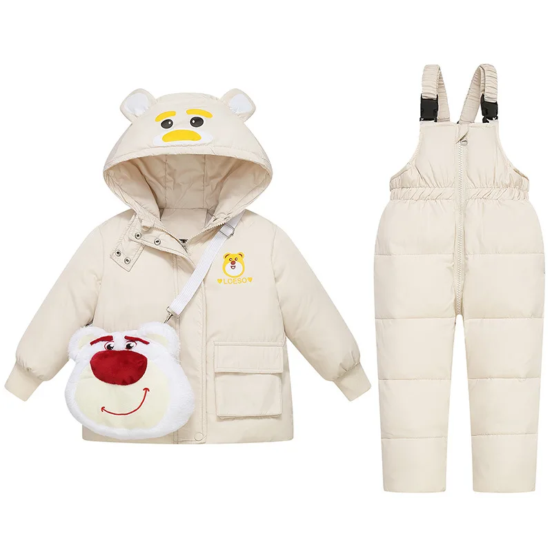 

2024 Winter Children Girl 2PCS Snowsuit Set Cartoon Bear Hooded Down Jacket+ Solid Jumpsuit For Girls Toddler Girl Overalls Suit