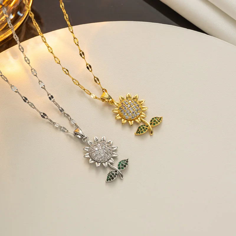 Creative Rotable Zircon Sunflower Pendant Necklace for Women Titanium Steel Chain Charm Jewelry Gifts for Girls Lovers Mom