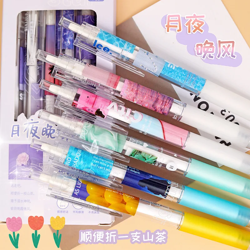 6Pcs/set Aesthetic Scenery Series Gel Pens Press Ballpoint Pen 0.5mm Student Writing tools Stationery School Office Supplies