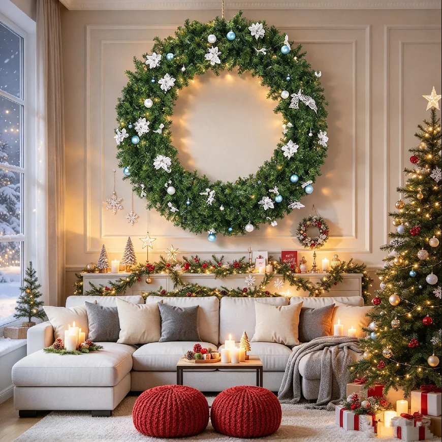48in Pre-lit Light Green Christmas Wreath, 450 PVC Tips 150 LED Cold & Warm White Lights with 11 Lighting Modes & Remote Control, Artificial Xmas Wreath with Blue Silver Ornaments Bells for Front Door Wall Holiday Decor