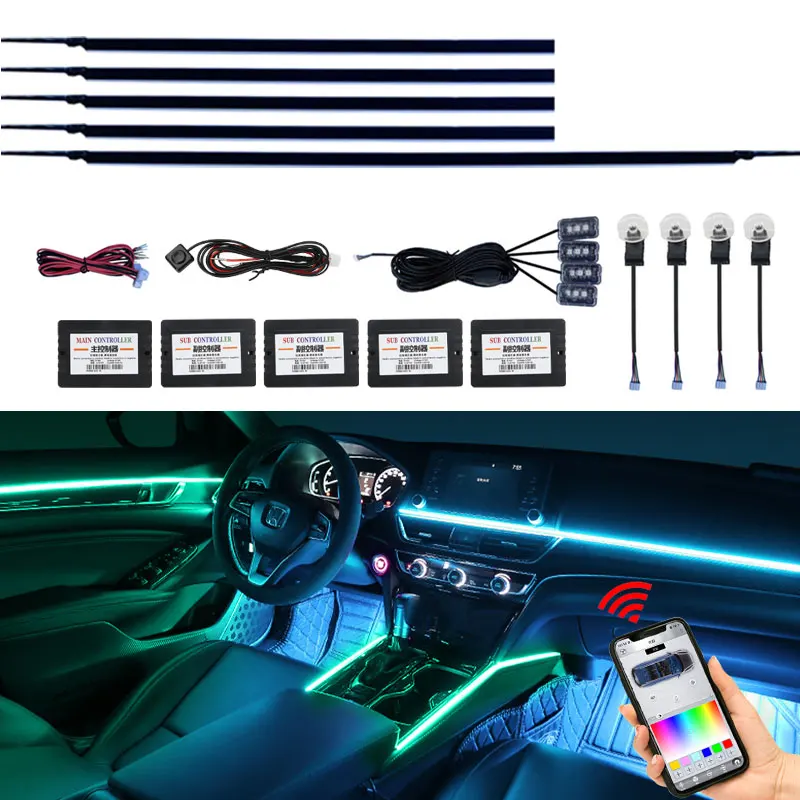 18-in-1 Auto-LED-Ambientebeleuchtung, RGB, 64 Farben, Acryl-LED-Ambientebeleuchtung für Auto-Innenraum, Glasfaser-Innendekoration, Atmosphärenlampe