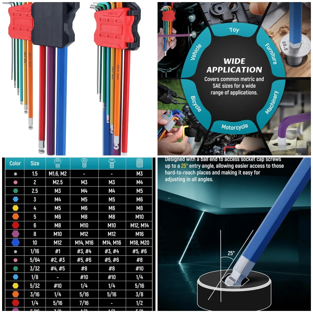 

Набор метрических и стандартных шестигранных ключей из 18 предметов, шестигранные ключи с шариковым концом 1,5–10 мм, 1/16–3/8 дюйма