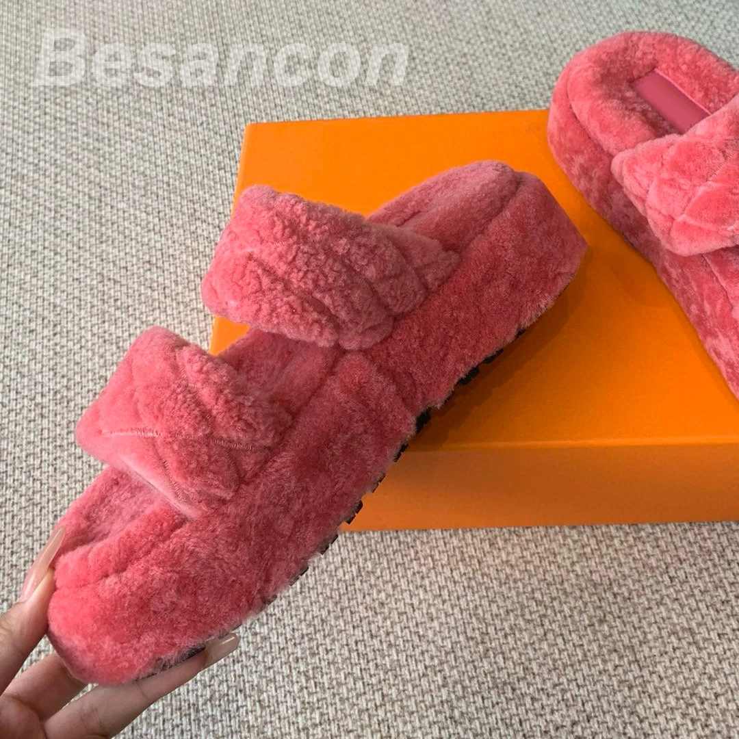 BESANCON Women's Outdoor Indoor Slippers Slippers Wool Top quality Thick sole Winter Warm Luxury Slippers Flat Designer Shoes