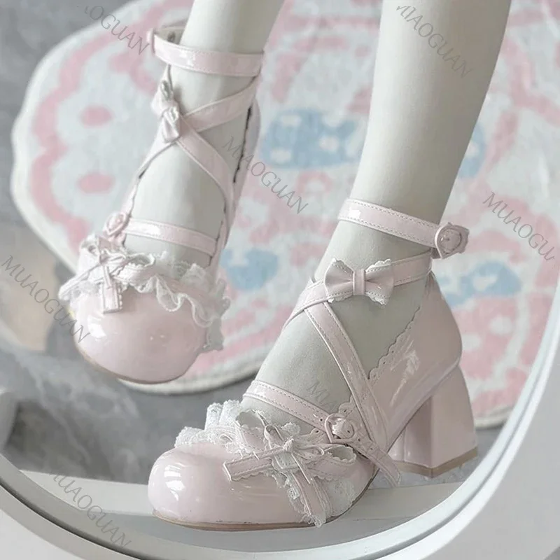Lolita Red High Heels Cute pumps Shoes spring Autumn Lace Thick high heels Single Shoes Patent Leather Mary Jane Women's Shoes view 5