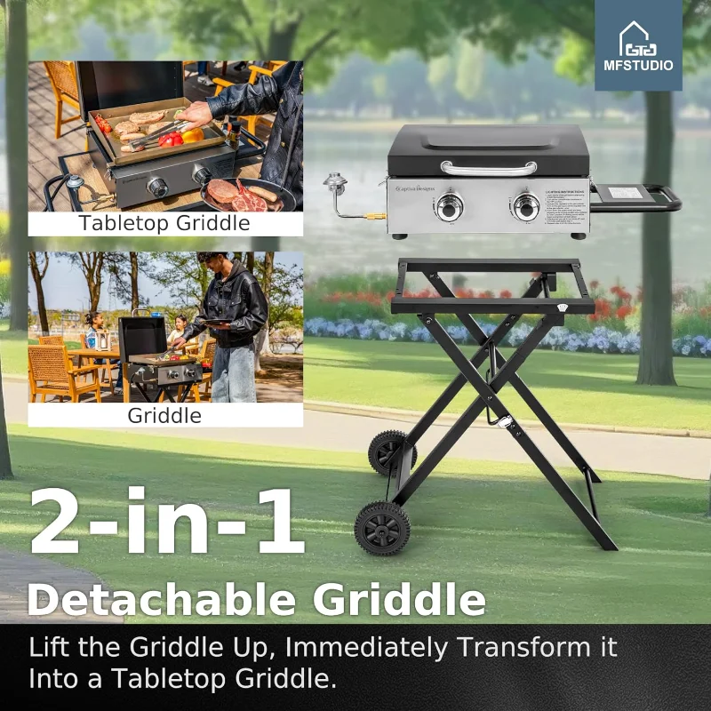 MFSTUDIO Small Portable Propane Griddle, 2 In 1 Gas BBQ Travel Grill with Foldable Stand, Compact and Light Countertop Grills
