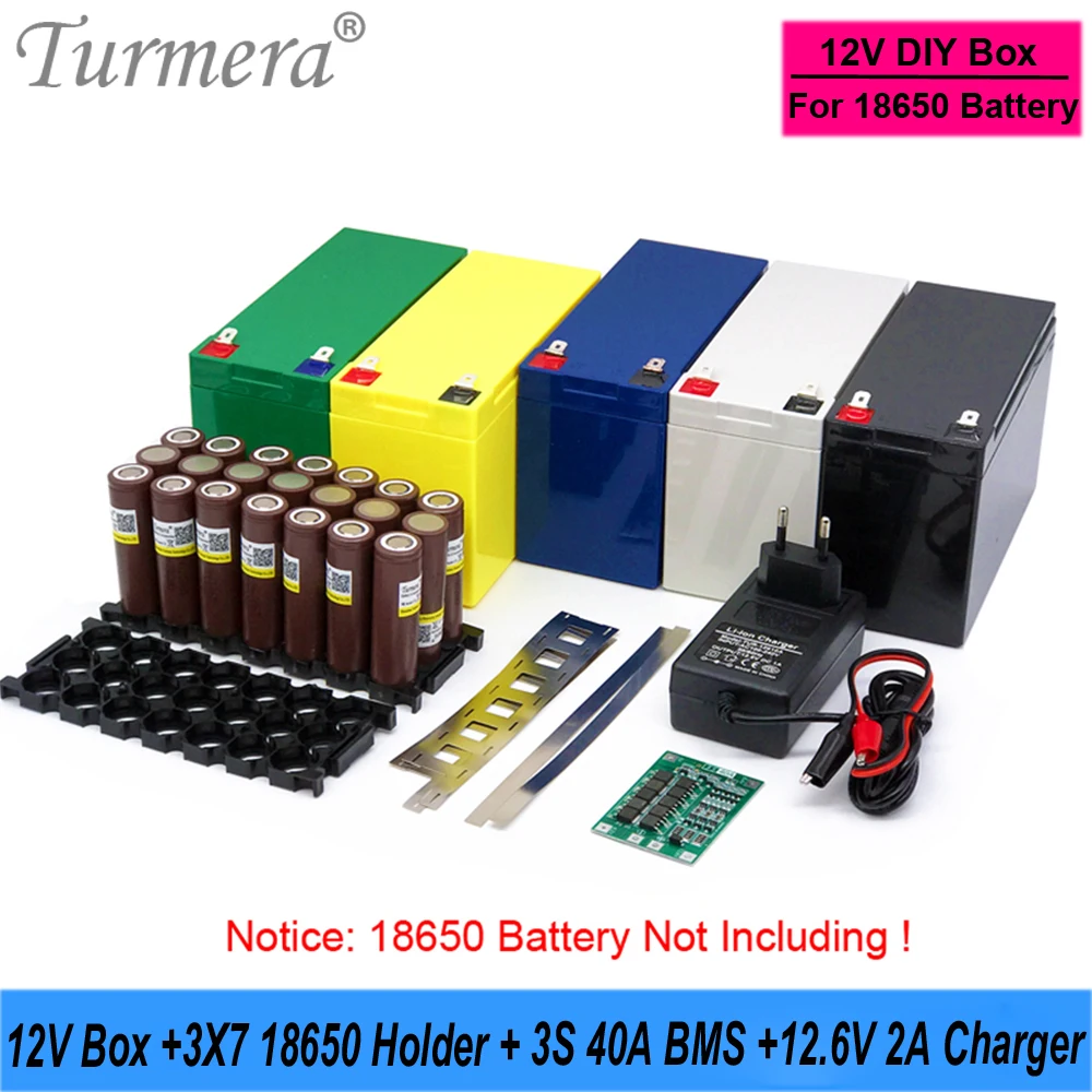 Пустая коробка для аккумулятора Turmera 12 В с зарядным устройством 2 А, держатель 3x7 18650, 3S, 40 А, баланс BMS, сварной никелью для замены свинцово-кислотных аккумуляторов 12 В