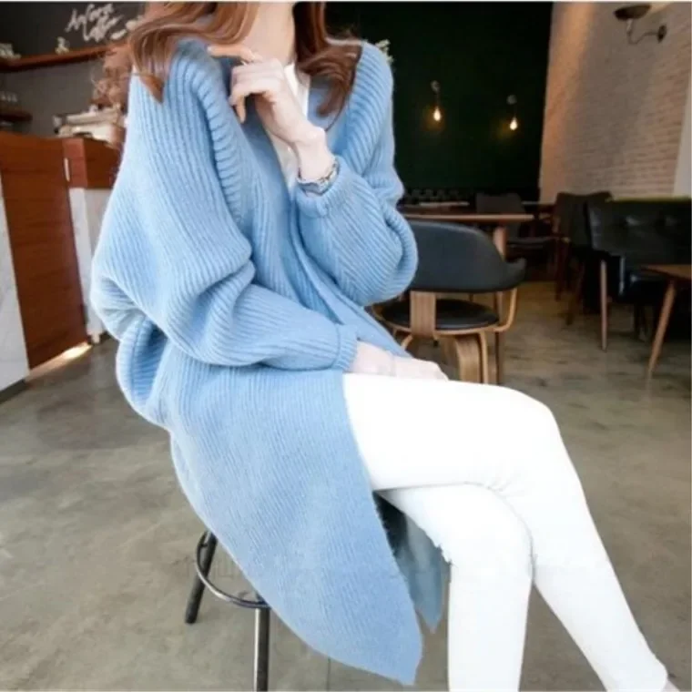 

Autumn Winter New Style Korean Fashion Loose Large Size Women's Knitted Sweater Cardigan Long Batwing Sleeve V-Neck Cotton