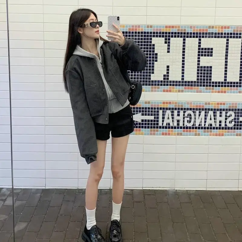 Early Autumn Women's Baseball Style Zipper Jacket Grey Woolen Loose Casual Top Trendy Short Coat Warm round Neck Long Sleeve
