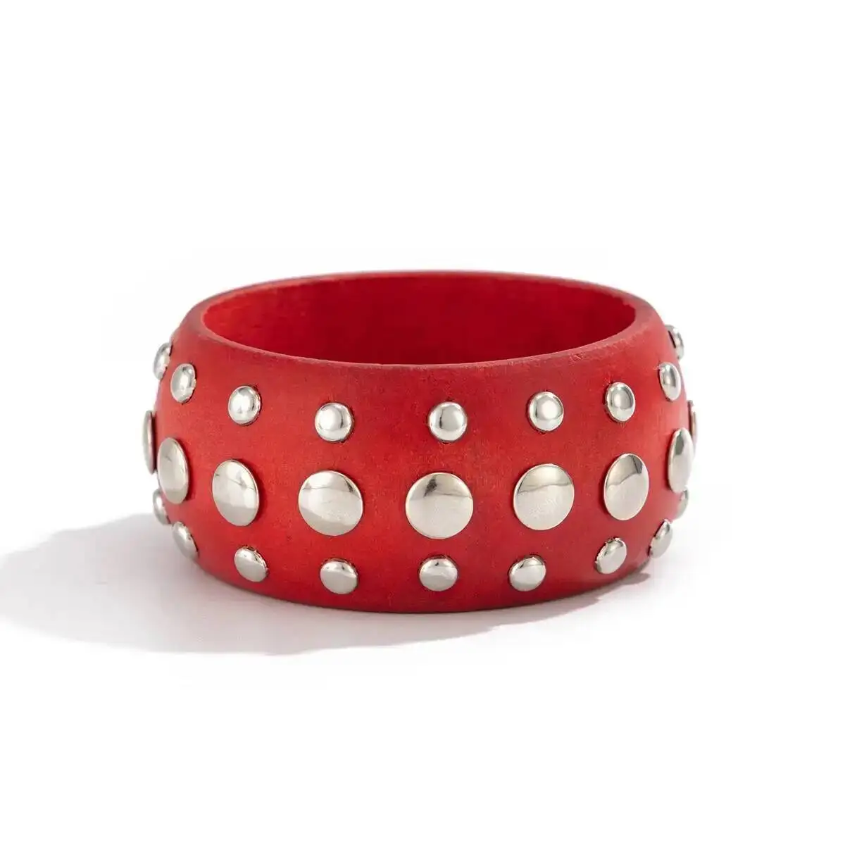 IngeSight.Z الهيب هوب الشرير هندسية مستديرة أحمر أسود خشبي فضي اللون برشام واسعة الإسورة النساء روك الاتجاه مجوهرات الإكسسوار هدية